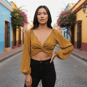 Amante Twist Front Crop Top Long Sleeve Elastic‎ Cuff Gold w/Black White Medium